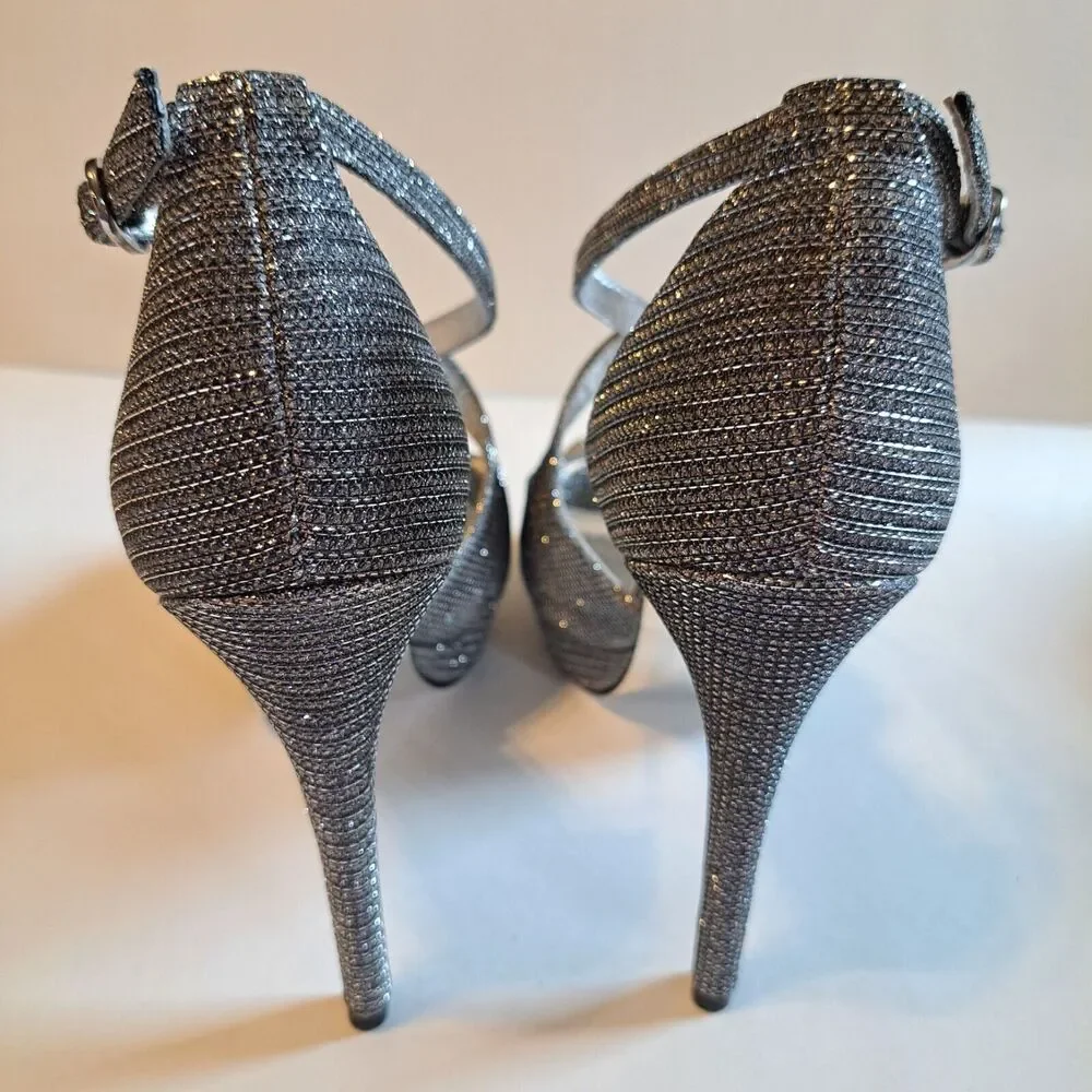 Adrianna Papell Rosalie Pewter Lancelot High Heels Pumps Open Toe Glittery 5.5M